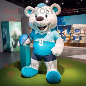 Cyan Bear mascot costume character dressed with a Rugby Shirt and Handbags