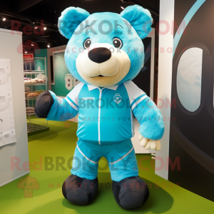 Cyan Bear mascot costume character dressed with a Rugby Shirt and Handbags