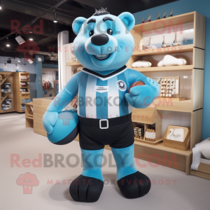 Cyan Bear mascot costume character dressed with a Rugby Shirt and Handbags