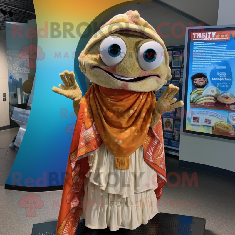Tan Fish Tacos mascot costume character dressed with a Mini Dress and Shawls Tan Fish Tacos mascot costume character dressed with a Mini Dress and Shawls