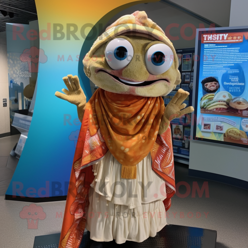 Tan Fish Tacos mascot costume character dressed with a Mini Dress and Shawls