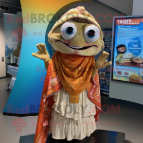 Tan Fish Tacos mascot costume character dressed with a Mini Dress and Shawls