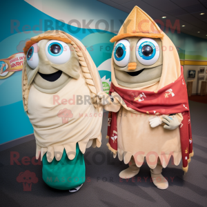 Tan Fish Tacos mascot costume character dressed with a Mini Dress and Shawls