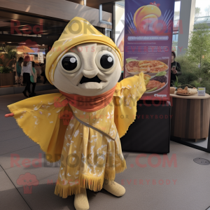 Tan Fish Tacos mascot costume character dressed with a Mini Dress and Shawls
