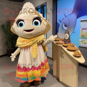 Tan Fish Tacos mascot costume character dressed with a Mini Dress and Shawls