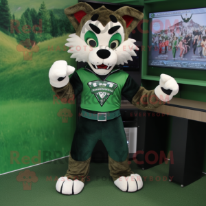 Forest Green Bobcat mascot costume character dressed with a V-Neck Tee and Rings