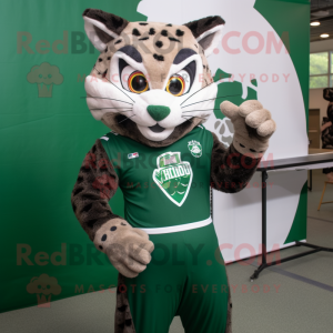 Forest Green Bobcat mascot costume character dressed with a V-Neck Tee and Rings