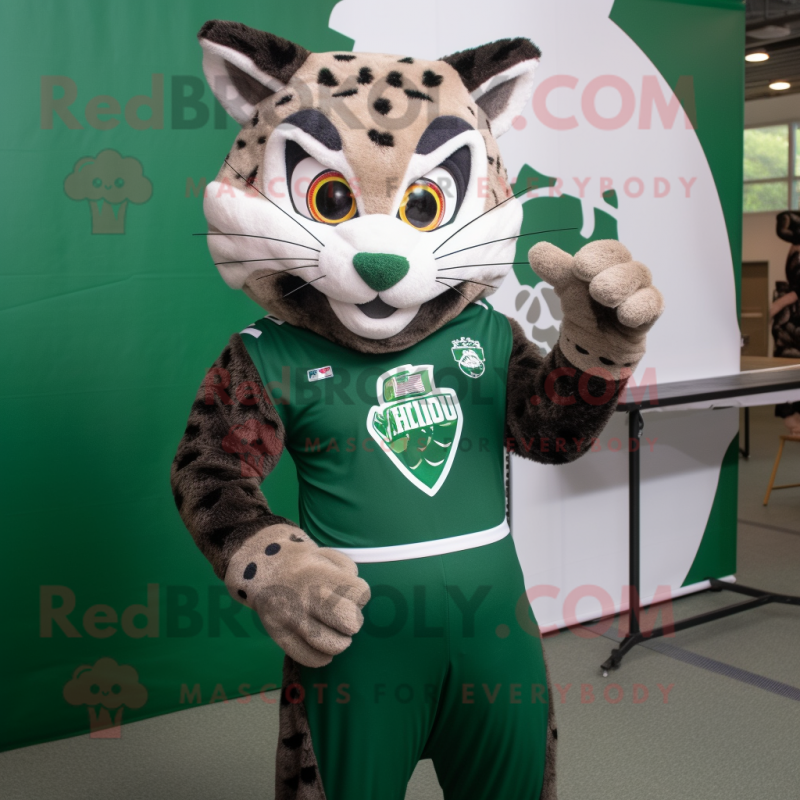 Forest Green Bobcat mascot costume character dressed with a V-Neck Tee and Rings Forest Green Bobcat mascot costume character dressed with a V-Neck Tee and Rings