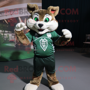 Forest Green Bobcat mascot costume character dressed with a V-Neck Tee and Rings