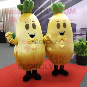 Gold Radish mascot costume character dressed with a Dress and Cufflinks