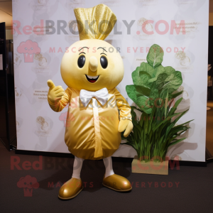 Gold Radish mascot costume character dressed with a Dress and Cufflinks