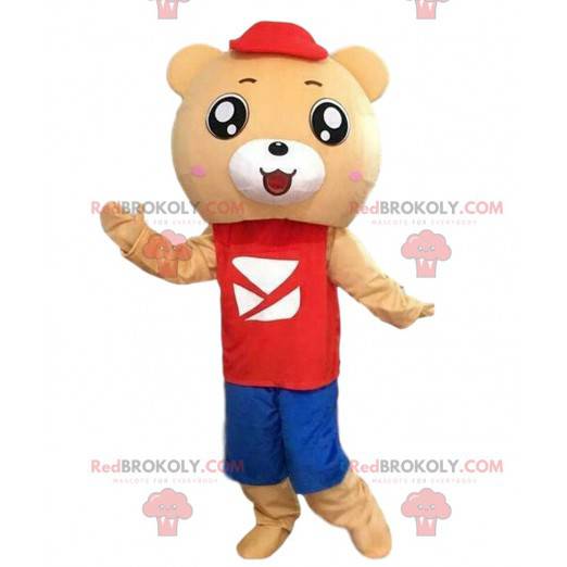 Mascote urso de pelúcia em roupa vermelha e azul -