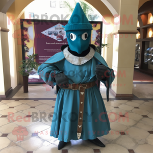 Teal Medieval Knight mascot costume character dressed with a Skirt and Scarf clips