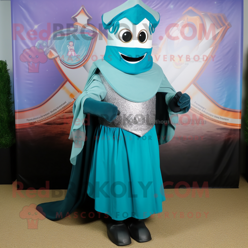 Teal Medieval Knight mascot costume character dressed with a Skirt and Scarf clips