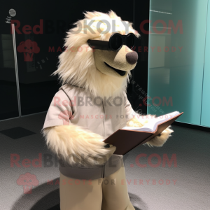 Beige Sloth Bear mascot costume character dressed with a Polo Shirt and Reading glasses