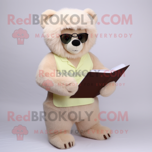 Beige Sloth Bear mascot costume character dressed with a Polo Shirt and Reading glasses