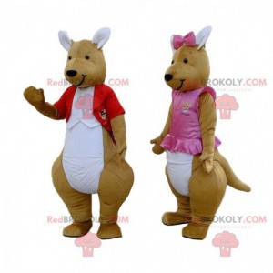 2 mascottes de kangourous marron et blancs, couple de