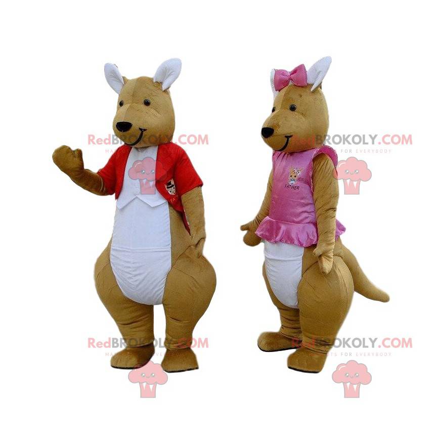 2 mascotes de cangurus marrons e brancos, casal de cangurus -