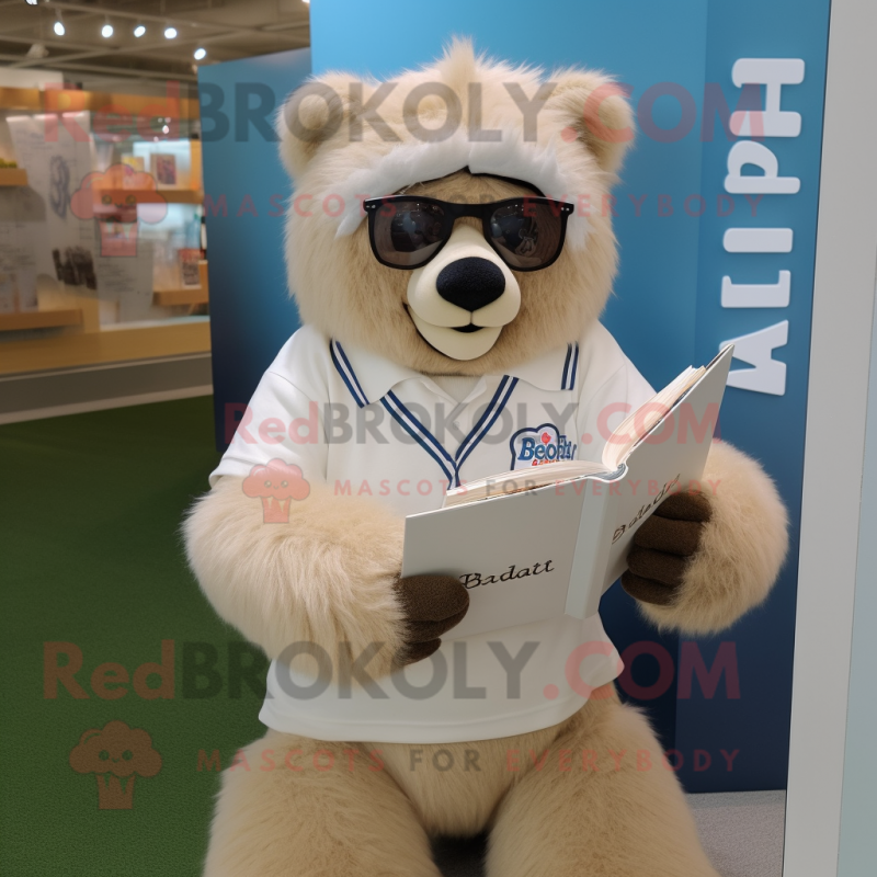 Beige Sloth Bear mascot costume character dressed with a Polo Shirt and Reading glasses