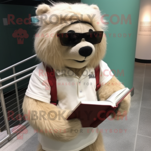 Beige Sloth Bear mascot costume character dressed with a Polo Shirt and Reading glasses