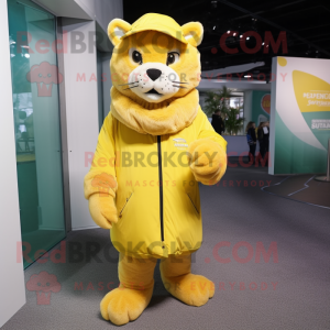 Lemon Yellow Puma mascot costume character dressed with a Parka and Hats