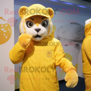 Lemon Yellow Puma mascot costume character dressed with a Parka and Hats