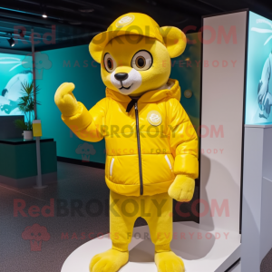 Lemon Yellow Puma mascot costume character dressed with a Parka and Hats