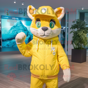 Lemon Yellow Puma mascot costume character dressed with a Parka and Hats