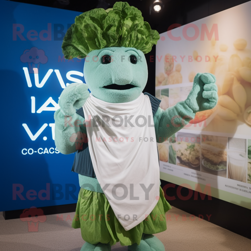 Cyan Caesar Salad mascot costume character dressed with a V-Neck Tee and Mittens