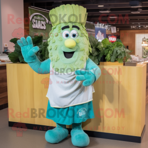 Cyan Caesar Salad mascot costume character dressed with a V-Neck Tee and Mittens