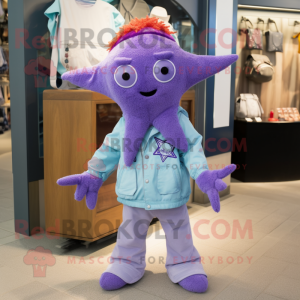 Lavender Starfish mascot costume character dressed with a Bomber Jacket and Scarf clips