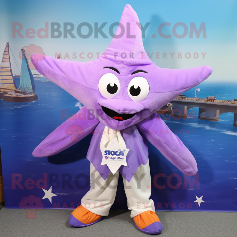 Lavender Starfish mascot costume character dressed with a Bomber Jacket and Scarf clips