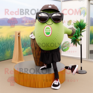 Olive Kiwi mascot costume character dressed with a Yoga Pants and Sunglasses