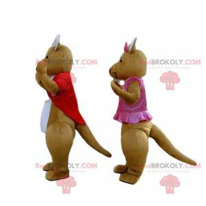 2 mascotes de cangurus marrons e brancos, casal de cangurus -