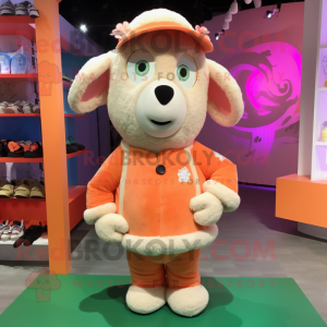 Peach Sheep mascot costume character dressed with a Jacket and Caps