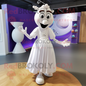 Lavender Juggle mascot costume character dressed with a Wedding Dress and Shoe clips