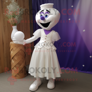 Lavender Juggle mascot costume character dressed with a Wedding Dress and Shoe clips