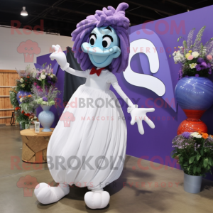 Lavender Juggle mascot costume character dressed with a Wedding Dress and Shoe clips