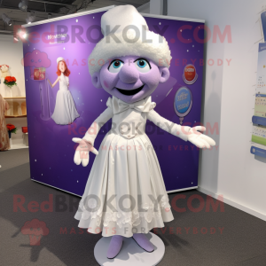 Lavender Juggle mascot costume character dressed with a Wedding Dress and Shoe clips