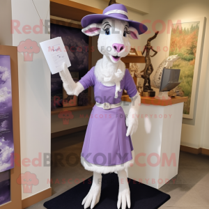 Lavender Goat mascot costume character dressed with a Pencil Skirt and Hats