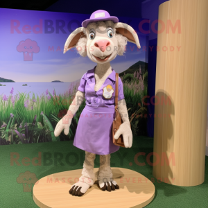 Lavender Goat mascot costume character dressed with a Pencil Skirt and Hats