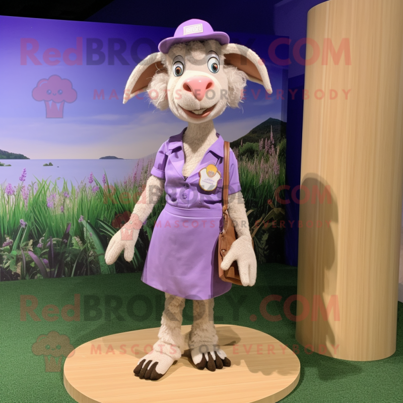 Lavender Goat mascot costume character dressed with a Pencil Skirt and Hats Lavender Goat mascot costume character dressed with a Pencil Skirt and Hats