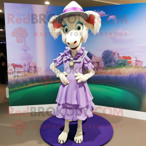 Lavender Goat mascot costume character dressed with a Pencil Skirt and Hats