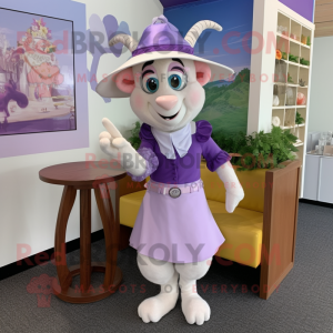 Lavender Goat mascot costume character dressed with a Pencil Skirt and Hats