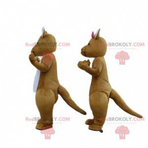 2 mascottes de kangourous marron et blancs, couple de