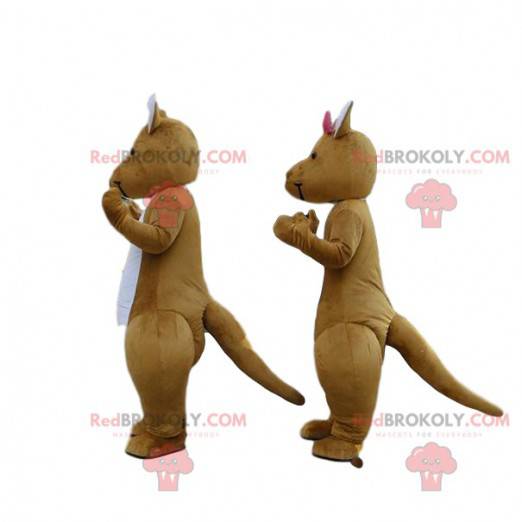 2 mascotes de cangurus marrons e brancos, casal de cangurus -