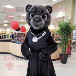 Black Mountain Lion mascot costume character dressed with a Mini Dress and Scarf clips