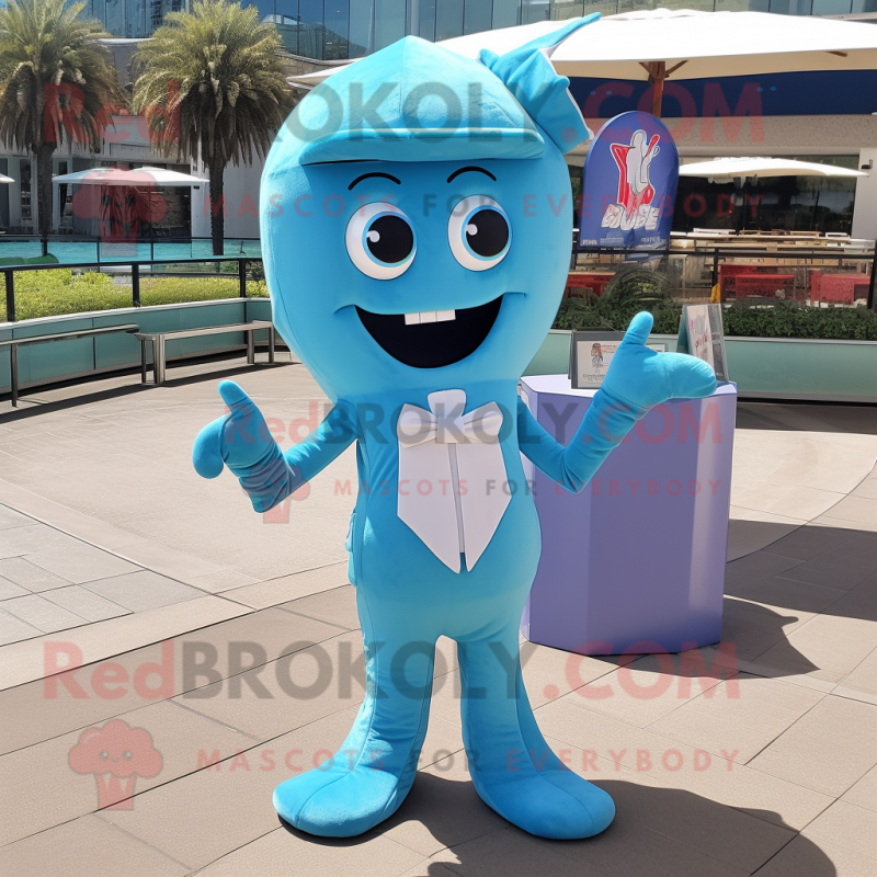 Cyan Aglet mascot costume character dressed with a Bikini and Pocket squares