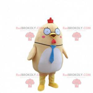 Yellow and white chicken mascot, plump and funny bird costume -