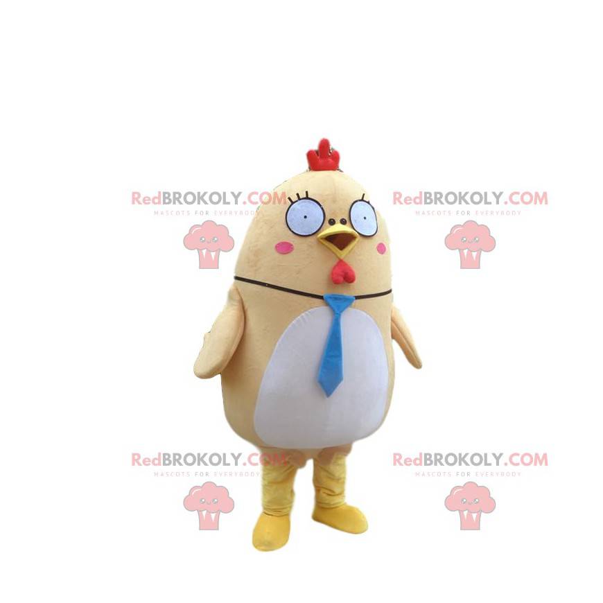 Mascote de galinha amarela e branca, fantasia de pássaro gordo